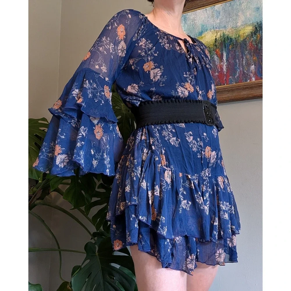 Free People Sunsetter Floral Ruffle Mini Dress Tunic Small Blue Sheer Festival